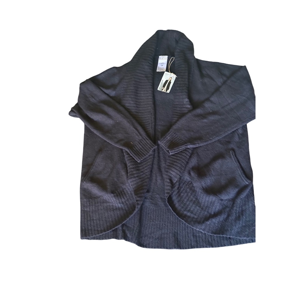 Serra Womens Black Ribbed‎ Open Front Waterfall Cardigan Sweater L XL pockets